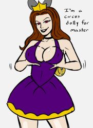 breasts brown_hair crown dialogue drunk_trap_(colorist) female_only femsub happy_trance holding_breasts holly_the_dolly_(hollydolly) jewelry large_breasts long_hair manip original polmanning red_eyes scooby-doo_(series) smile spiral_eyes symbol_in_eyes text wind-up_key