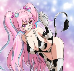  angelic_buster bare_shoulders bikini bikini_bottom bikini_top blush breasts cleavage cow_print eye_color_change eyeshadow female_only femdom femsub gloves hair_color_change large_breasts leaning_forward long_hair maplestory milk multicolored_hair mythkaz opera_gloves original pink_eyes pink_hair possession pream_(hypnolandom) purple_hair smile tail thighhighs twintails very_long_hair wings 