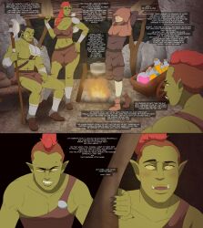  black_hair bulge contingency dialogue fangs flame green_skin husband_and_wife monster_boy monster_girl muscle_boy muscle_girl no_eyes orc orc_boy orc_girl potion red_hair scars skirt text tusks weapon 