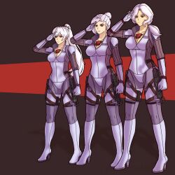  alternate_color_scheme bangs bodysuit cleavage cosplay empty_eyes expressionless female_only femsub garter_straps gun jill_valentine multiple_girls multiple_subs p30 ponytail red_eyes resident_evil resident_evil_5 rwby saluting silver_hair simple_background standing standing_at_attention victoriamikoto weapon weiss_schnee willow_schnee winter_schnee 