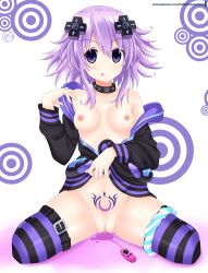 blush breasts choker corruption crotch_tattoo empty_eyes female_only femsub happy_trance helvetica_5tandard hyperdimension_neptunia kneeling looking_at_viewer neptune_(hyperdimension_neptunia) nipples open_clothes panties purple_eyes purple_hair pussy pussy_juice sex_toy short_hair small_breasts smile solo tattoo thighhighs tongue tongue_out underwear undressing vibrator