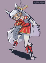  4five1 absurdres bangs bent_over boots clothed female_only femsub gloves gold_ship grey_hair horse_girl open_mouth signature simple_background solo spiralwash_eyes tagme uma_musume very_long_hair 