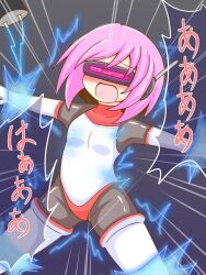  antenna blush bodysuit boots corruption electricity gloves grey_background high_heels japanese_text jarami leotard loli open_mouth opera_gloves original pink_eyes restrained rubber short_hair simple_background small_breasts speech_bubble spread_legs sweat tech_control thigh_boots thighhighs trembling visor 