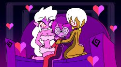 baboo_the_sheepgirl_(hypnoscream) bare_shoulders bodysuit cleavage couch cyclops earrings elf_ears eyebrows_visible_through_hair eyeshadow femsub glasses hand_on_hip happy_trance harem heart heterochromia hooves hourli_(hypnoscream) hug hypno-scream_(hypnoscream) hypnoscream kneeling large_ass large_breasts long_hair maledom midriff multiple_girls multiple_subs navel orange_skin original pink_skin purple_hair purple_skin sheep_girl shiny_hair short_hair simple_background sitting smile spiralwash_eyes thick_thighs white_hair