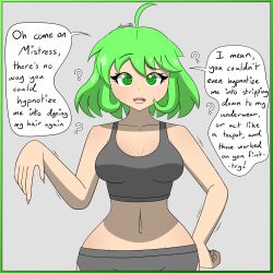 ahoge alternate_hair_color bangs bra breasts catalepsy cleavage collarbone denial dialogue eyebrows_visible_through_hair eyelashes female_only femdom femsub green_eyes green_hair hand_on_hip hiroko_homura midriff navel penlight posed short_hair signature simple_background sobergin solo spiral_eyes standing symbol_in_eyes tank_top text unaware underwear