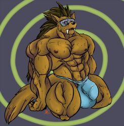  big_muscles fangs furry kneeling male_only malesub muscle_boy open_mouth original ring_eyes sabertooth_boy sh0tty solo sweat tech_control topless tusks underwear visor 