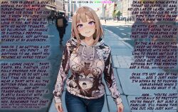 ai_art altered_common_sense brown_hair caption femsub hoodie humor kinkcurator_(manipper) looking_at_viewer male_pov manip outdoors pov_dom purple_eyes smile solo text unaware