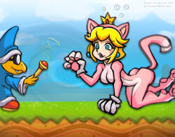 all_fours blonde_hair cat_ears cat_girl cat_tail catsuit clothed crown fake_animal_ears fake_tail female_pov furry happy_trance hat hypnotic_magic jewelry magic magic_wand magician magikoopa maledom nintendo outdoors pet_play princess princess_peach royalty spiral spiralwash_eyes stickyscribbles super_mario_bros. symbol tail