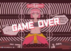    ahoge beat_(unbeatable) clothed collarbone crop_top defeated drool dumbskull expressionless eyebrows_visible_through_hair female_only femsub gameplay_mechanics heart hypnotic_music kneeling looking_at_viewer midriff music navel open_mouth pants pink_hair ring_background shoes short_hair solo spiral_eyes text unbeatable 
