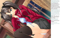  aware bra brown_hair caption couple_of_dragons_(manipper) cross empty_eyes fate/stay_night fate_(series) femsub hair_ribbon humor long_hair manip panties ribbon rin_tohsaka skirt solo sweater text thighhighs twintails underwear white_panties 