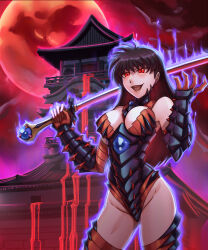  alternate_costume androgynous_dom armor aura breasts cleavage corruption dragon evil_smile eye_color_change femsub gauntlets glowing hair_color_change happy_trance inuyasha_(series) kagome_higurashi large_breasts leebigtree leotard multicolored_hair night outdoors possession red_eyes red_hair so&#039;unga sword thick_thighs thighs very_long_hair weapon 