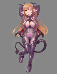alternate_costume alternate_form arms_above_head arms_behind_back ass ass_focus asuna body_markings breasts cameltoe corruption crotch_tattoo demon_girl elf_ears facial_markings fangs female_only femsub grey_background happy_trance heart horns large_breasts looking_at_viewer magic_shop open_mouth simple_background solo sword_art_online tail tattoo tight_clothing tongue tongue_out wings yellow_eyes
