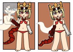 alternate_form aura bare_legs bare_shoulders barefoot bikini bikini_bottom bikini_top black_hair blonde_hair blue_eyes brown_background crown evil_smile fate/grand_order fate_(series) femsub ghost gloves maledom midriff navel opera_gloves possession pursborg queen_draco red_eyes ritsuka_fujimaru_(male) sequence short_hair simple_background smile standing tail