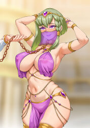 arm_bands arms_above_head bracelet braid breasts cameltoe chains circlet cleavage code_geass collar eyeshadow female_only femsub green_hair hadant happy_trance harem_outfit huge_breasts jewelry leash makeup navel nipple_piercing nipples nonette_enneagram posing purple_eyes pussy see-through short_hair smile solo standing veil