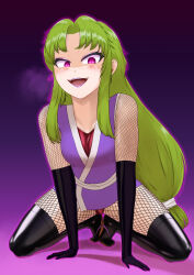  cleavage corruption empty_eyes female_only fishnets gambarre_goemon gloves green_hair latex lipstick looking_at_viewer makeup ninja open_mouth opera_gloves purple_eyes purple_lipstick simple_background solo squatting thigh_boots thighs very_long_hair yae_(goemon) yamimochi 