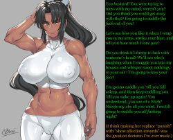  abs altered_common_sense black_hair breasts cameltoe caption caption_only dark_skin female_only femsub huge_breasts humor large_breasts leggings long_hair manip midriff mirabelle_bell muscle_girl nobody67_(manipper) obui orange_eyes pov taimanin_(series) taimanin_asagi text unaware unhappy_trance wholesome yoga_pants 
