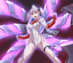  aura bow bow_tie breasts capcom character_request female_only femsub fingerless_gloves garter gloves glowing green_eyes happy_trance hat leebigtree leotard looking_at_viewer open_mouth purple_hair shadaloo_dolls smile solo street_fighter twintails wings 