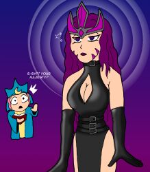 absurdres accidental_hypnosis blue_eyes cleavage dazed empress_(magical_drop) empty_eyes expressionless female_only femdom high_priestess_(magical_drop) lipstick long_hair magical_drop pink_hair purple_eyes purple_hair purple_lipstick silver spiral text