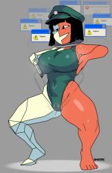 barefoot black_hair breasts cameltoe cap collarbone crossed_eyes ena ena:dream_bbq ena_(character) english_text feet female_only femsub ghostec grey_background haigure happy_trance hat huge_breasts large_breasts leotard navel red_skin short_hair signature simple_background smile solo speech_bubble standing steam straight-cut_bangs text thick_thighs white_skin wide_hips