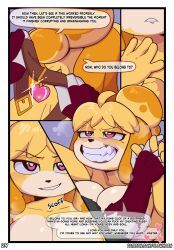  absurdres after_sex animal_crossing artifact_the_fox blonde_hair breast_press breasts cheating collar comic corruption dialogue dog_girl evil_smile eyelashes femsub fox_boy furry glowhorn heart holding_hands isabelle_(animal_crossing) large_breasts looking_at_viewer magic makeup maledom netorare nintendo nude original pink_eyes ponytail pov_dom sharp_teeth shiny_skin shortstack simple_background smile smirk smug speech_bubble steam sweat tied_hair 