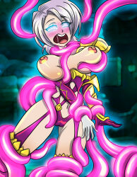 absurdres blush brain_injection breasts female_only femsub glowing glowing_eyes happy_trance harness ivy_valentine large_breasts open_mouth short_hair silver_hair smile soul_calibur_(series) spiral_eyes symbol_in_eyes tentacles topless zorro-zero