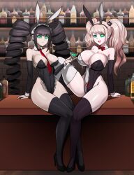  absurdres black_hair bow_tie breasts bunny_ears bunnysuit celestia_ludenberg cleavage cuffs dangan_ronpa drill_hair fake_animal_ears female_only femsub happy_trance high_heels junko_enoshima kaa_eyes large_breasts long_hair looking_at_viewer open_mouth shinzu sitting smile thighhighs tie twintails 