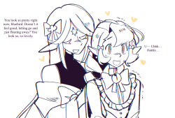 ahoge blush bow_tie closed_eyes cookie_run dressing elf_ears embarrassed eyeshadow facial_markings hair_ribbon long_hair malesub orange_eyes pure_vanilla_cookie purification ribbon riverpear shadow_milk_cookie simple_background smile spiral_eyes suit sweat tagme white_background