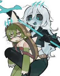 alternate_form alternate_hairstyle bare_shoulders black_sclera blue_eyes blush bnm6517_(ddalddalddaldal) bra breasts carrying cleavage clothed control_indicator crown dazed drool femdom genderswap green_hair league_of_legends legs_up long_hair malesub open_mouth pale_skin pants rammus_(league_of_legends) royalty ruination simple_background spiralwash_eyes sweat sword symbol very_long_hair viego_(league_of_legends) weapon white_background white_hair