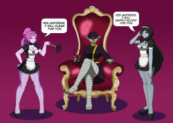  absurdres adventure_time chair clothed crossed_legs dialogue dlobo777 dress elf_ears english_text female_only femdom femsub fishnets forced_employee green_skin grey_skin happy_trance maid maid_headdress marceline pink_eyes pink_skin princess_bubblegum purple_background red_eyes saluting simple_background sitting speech_bubble text the_empress vampire wine 