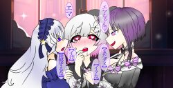 bare_shoulders blush breasts charm_(spell) drool empty_eyes female_only femdom femsub finger_to_mouth flower flower_in_hair grey_hair hat heart heart_eyes houshou_margo japanese_text l_(hunter03433) large_breasts long_hair magical_girl magical_girl_witch_trials multicolored_hair natsume_an-an pink_hair purple_eyes purple_hair sakuraba_ema speech_bubble symbol symbol_in_eyes tears text translation_request very_long_hair yuri