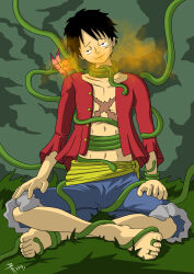  barefoot black_hair brynhexx eye_roll flower happy_trance hypnotic_gas legs male_only malesub monkey_d._luffy one_piece open_shirt plant scar shorts sitting vines 
