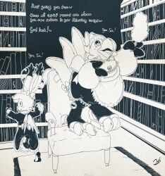  apron bell blush book bow chair chocobo clothed dead_source dialogue dress english_text final_fantasy forced_employee furry happy_trance heart_eyes maid maid_headdress monochrome moogle signature smile square_enix standing stormdragonblue tail text wings 