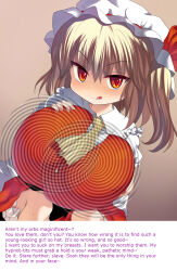 blonde_hair breasts caption femdom flandre_scarlet hat huge_breasts hypnotic_breasts looking_at_viewer manip pov pov_sub short_hair spiral stinky_ass_slave_(manipper) text touhou