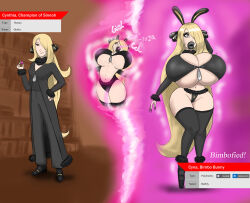  before_and_after bimbofication black_lipstick blonde_hair bradtanker3 brain_drain breast_expansion breasts bunny_ears bunny_girl candy cleavage cynthia female_only femsub high_heels huge_breasts large_breasts large_lips lipstick long_hair makeup navel nintendo panties pokemon pokemon_diamond_pearl_and_platinum solo text thong transformation underwear 