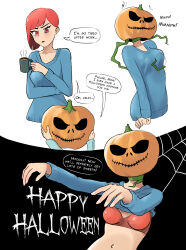 absurdres androgynous_dom bra breasts character_request comic copyright_request dialogue english_text erect_nipples erect_nipples_under_clothes femsub glatu groping halloween midriff navel parasite possession pumpkin red_eyes red_hair short_hair speech_bubble text vines