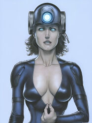  ai_art blue_background bodysuit breasts brown_hair cleavage collarbone dazed eye_roll female_only femsub fortunadoe_(generator) glowing glowing_eyes helmet maria_hill marvel_comics open_mouth short_hair simple_background solo super_hero tech_control the_avengers undressing 
