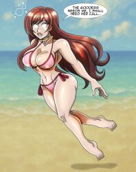  absurdres ass beach bikini breasts chizuru_mizuhara cleavage english_text eyebrows_visible_through_hair female_only femsub floating glowing_eyes hourglass_figure large_breasts levitation long_hair midriff outdoors red_hair rent_a_girlfriend speech_bubble swimsuit text whitewash_eyes zorro-zero 