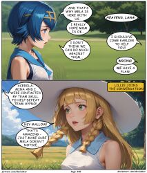  ai_art blonde_hair blue_eyes blue_hair devianbar dialogue green_eyes lana_(pokemon) lillie_(pokemon) long_hair mallow_(pokemon) nintendo pokemon short_hair text 