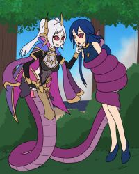  bare_legs bare_shoulders blue_hair cape chin_hold clothed coils collarbone dazed evil_smile female_only femdom femsub fire_emblem fire_emblem_awakening forest gloves grima_(fire_emblem_awakening) hair_ornament hand_on_head long_hair lucina multiple_girls mythkaz naga_girl nintendo open_mouth outdoors princess red_eyes ring_eyes shoes smile trees twintails white_hair 