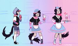  apron before_and_after black_hair blue_eyes breasts comic dress female_only femsub happy_trance hat large_breasts lipstick littleinksheep lore_(littleinksheep) open_mouth original roller_skates sequence short_hair smile tail transformation tray waitress 