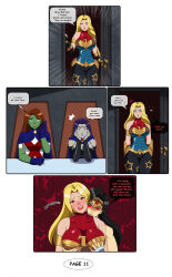 bare_shoulders biting black_hair blonde_hair blood blue_eyes breast_grab brown_hair cassie_sandsmark cleavage comic dc_comics dialogue dlobo777 fangs female_only femsub green_skin grey_skin miss_martian purple_hair raven red_eyes red_hair super_hero teen_titans text vampire wonder_girl wonder_woman young_justice