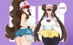  absurdres blue_eyes blush breasts brown_hair clothed confused double_hair_bun drevod female_only green_eyes hair_buns hat hilda huge_breasts jean_shorts long_hair looking_at_viewer nintendo pokemon pokemon_black_and_white pokemon_black_and_white_2 rosa_(pokemon) short_shorts signature skirt standing thick_thighs thighs very_long_hair 