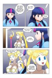  blonde_hair blue_eyes cleavage comic crossover doll doll_joints dress equestria_girls femdom femsub hair_buns large_breasts multicolored_hair my_little_pony princess purple_eyes sailor_moon sailor_moon_(series) staff story text twilight_sparkle twintails wadevezecha western 