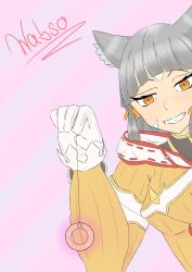  body_markings bodysuit cat_ears cat_girl clothed coin fangs female_only femdom gloves hoodie long_hair looking_at_viewer nia_(xenoblade) nintendo orange_eyes pendulum pov pov_sub signature silver_hair simple_background smile solo wabso xenoblade_chronicles xenoblade_chronicles_2 