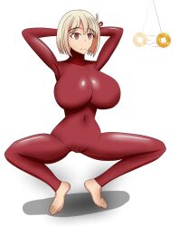  arms_above_head barefoot blonde_hair bodysuit breast_expansion breasts empty_eyes feet femsub happy_trance huge_breasts large_breasts latex lycoris_recoil nipples nishikigi_chisato pendulum pussy red_eyes ribbon short_hair side_ponytail soex squatting tagme white_background 