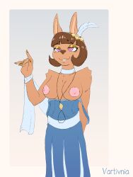  animal_ears breasts breasts_outside brown_hair choker dazed dress drool femsub furry gold gradient_background hair_band happy_trance kangaroo_girl long_nails necklace nipples no_bra original pink_eyes potion ring_eyes short_hair simple_background smile topless undressing vartivnia 