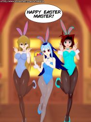 3d alexis_rhodes blonde_hair blue_eyes blue_hair bow_tie breasts brown_eyes brown_hair bunny_ears bunny_girl bunnysuit cuffs dialogue double_v easter eggs fake_animal_ears female_only femsub happy_trance koikatsu! latinkaixa looking_at_viewer multiple_girls multiple_subs open_mouth pantyhose posing red_eyes rio_kastle short_hair smile speech_bubble standing tea_gardner text v very_long_hair yu-gi-oh! yu-gi-oh!_gx yu-gi-oh!_zexal