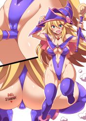ass blonde_hair blush body_writing breasts cameltoe cleavage cleavage_cutout crotch_rub dark_magician_girl embarrassed female_only femsub gloves hat heart icontrol_(manipper) konno_tohiro large_breasts leotard long_hair magic_wand manip open_mouth opera_gloves solo spiral_eyes squatting symbol_in_eyes tattoo text thighhighs yu-gi-oh!
