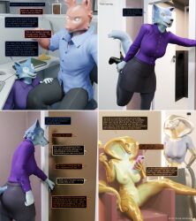 3d assertive_sub aware becca_(thalarynth) bunny_boy comic del_(thalarynth) dialogue evan_(thalarynth) femdom femsub furry high_heels humor office office_lady original phone possessed_becca_(thalarynth) possession scalie snake_girl speech_bubble tail text thalarynth_(manipper) under_table wendy_(thalarynth) wolf_girl