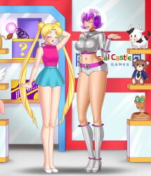 blonde_hair blue_eyes bluebullpen boots breasts cleavage high_heels kimberly_smith_(daveyboysmith9) large_breasts original purple_hair sailor_moon sailor_moon_(series) short_hair text tiny_cow_(blessedbycows) twintails unaware